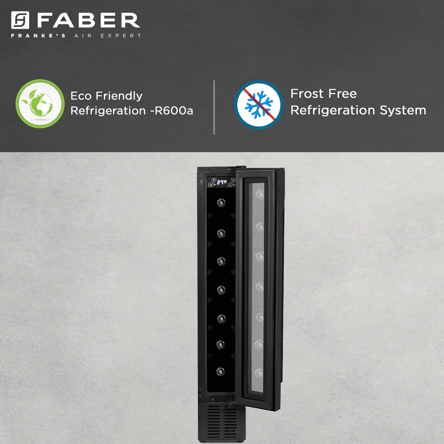 Faber Wine chiller JCF-20, Frost Free system, Tripple Glazed Glass Door, 5 Wooden Door(7 Bottles), Reversible Door