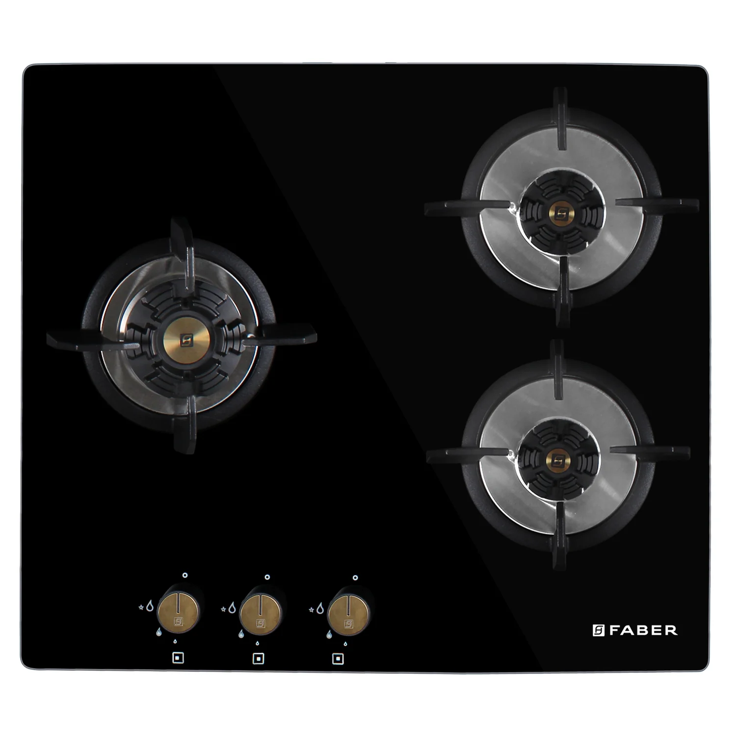 Faber Hob Maxus HT 603 CRS BR CI AI- 3 Burner, 60cm, Flame Failure Device For Safety, Full Brass Burner, 8mm Black Tempered Glass