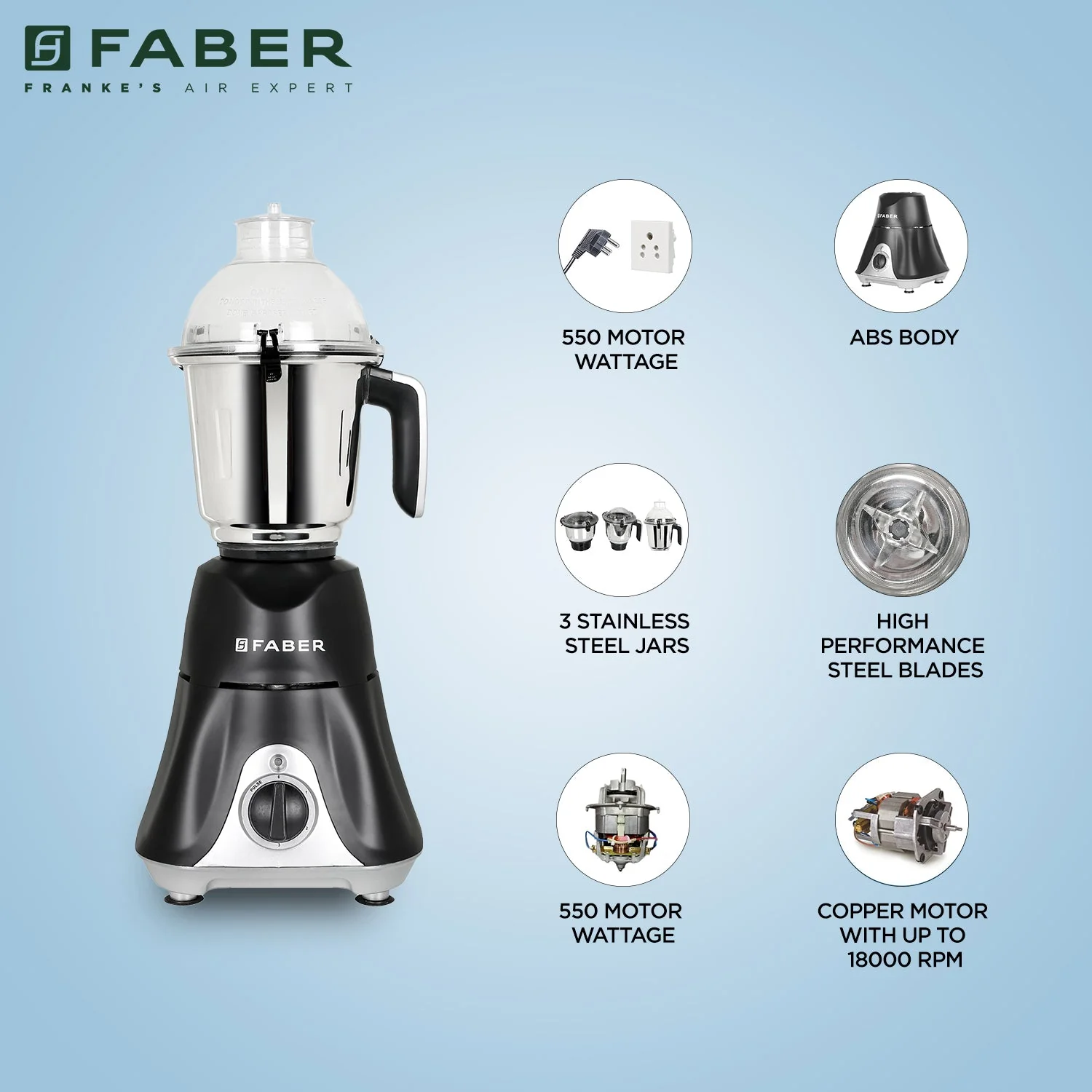 Faber Mixer Grinder FMG HILUX 550 W 3 Jar - Nero