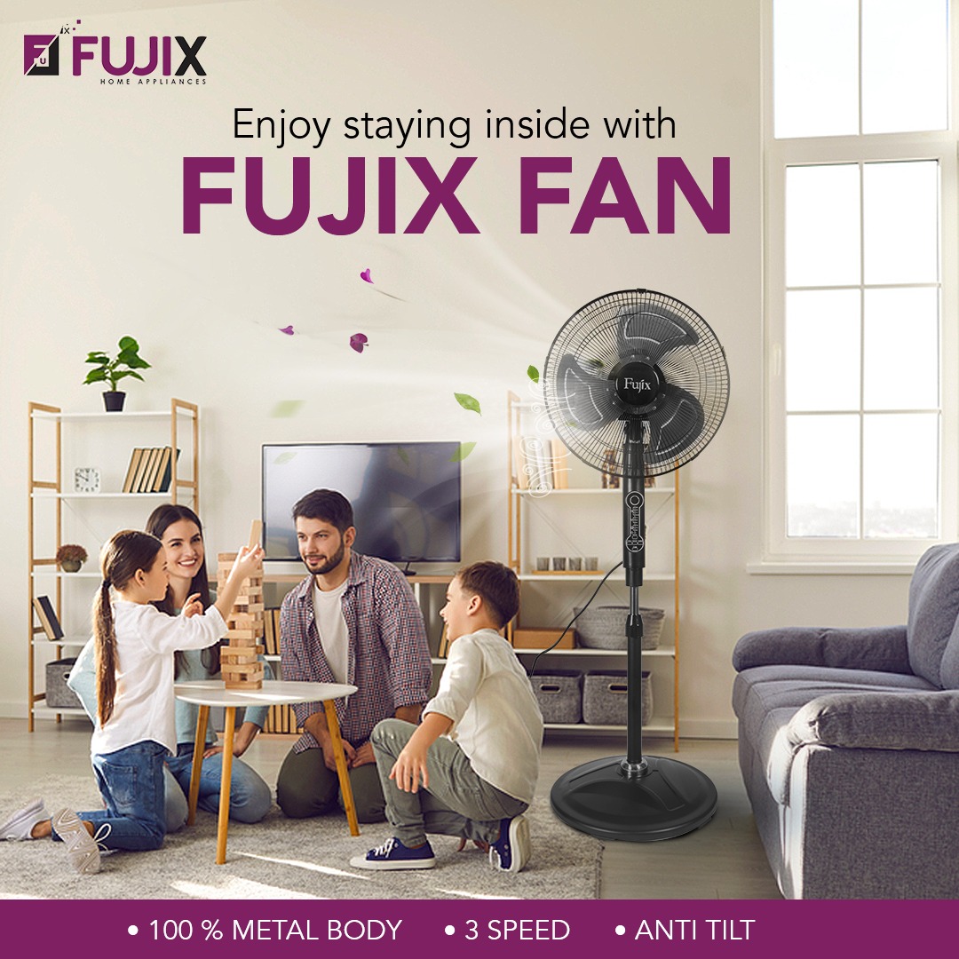 Fujix Metal Stand Fan 16 Inch with Remote Control Black