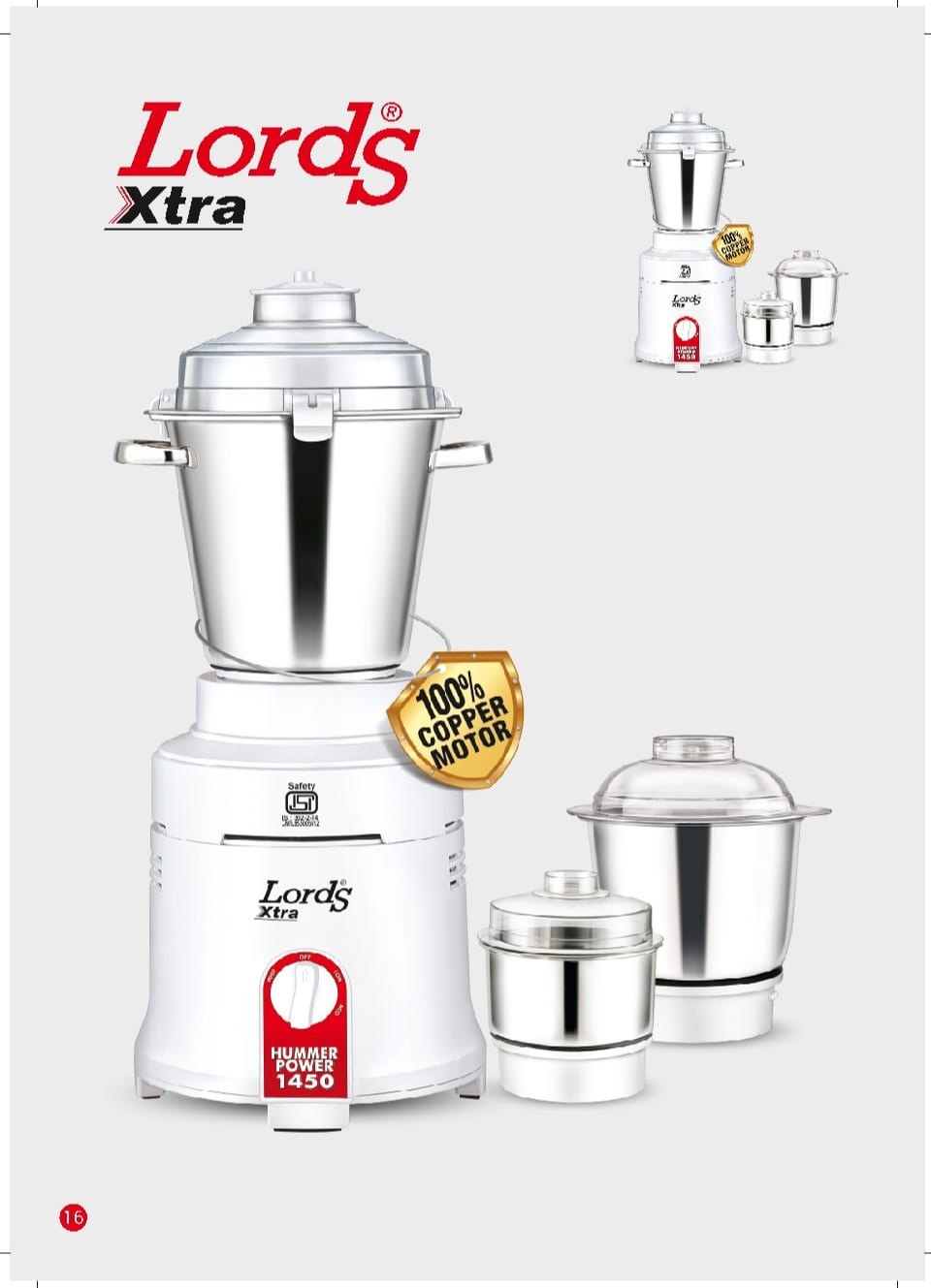 Lords Hummer Power 1450 With 3 Jars Hear Duty Mixer Grinder For Hotels (White)