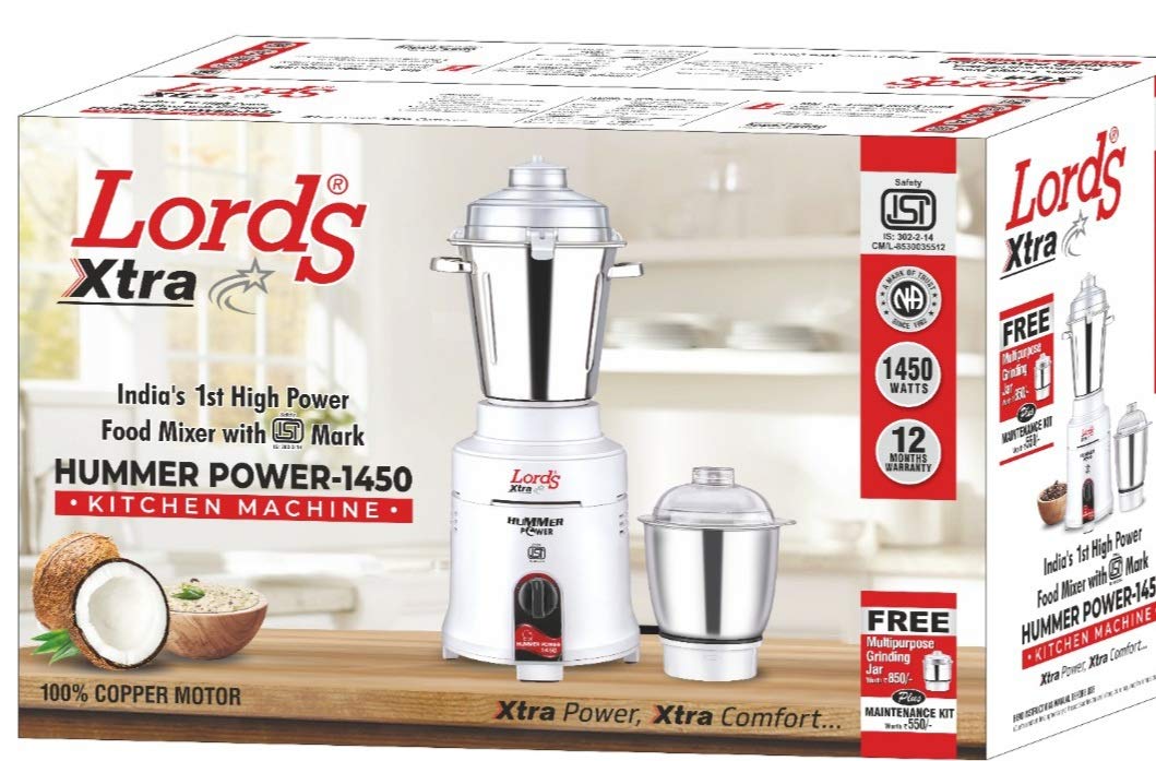 Lords Hummer Power 1450 With 3 Jars Hear Duty Mixer Grinder For Hotels (White)