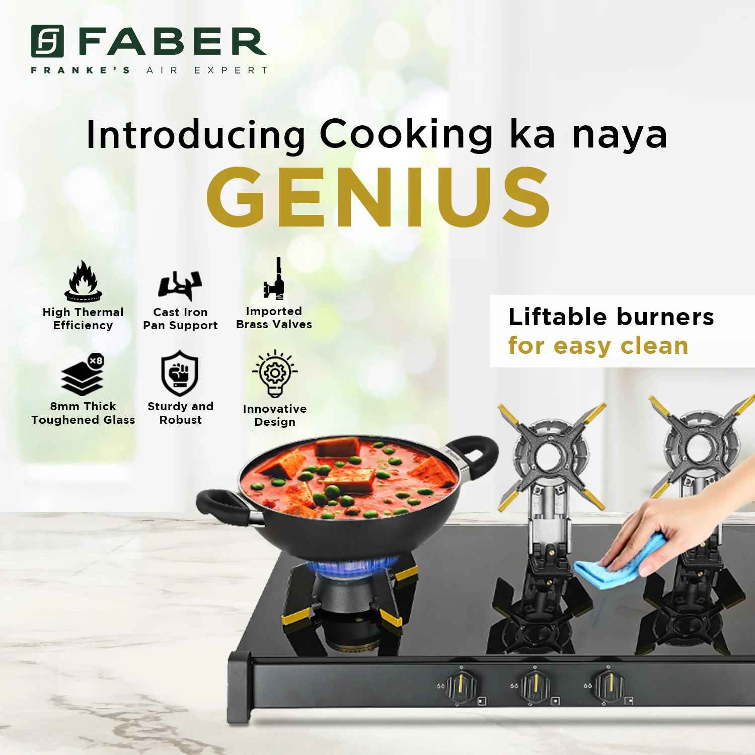 Faber  Cooktop Genius 753 AI BK - 3 Brass Burners, Manual Ignition - Black Matt Finish 