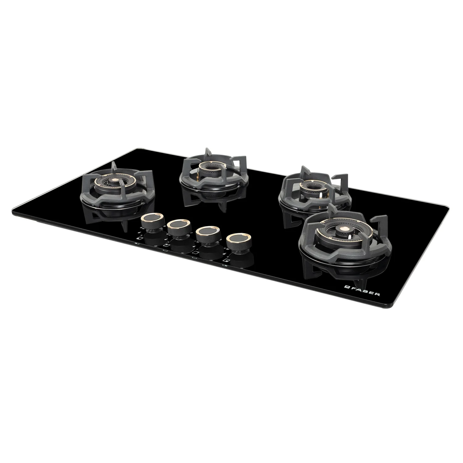 Faber Hob Experia HT 904 ALU AI FFD - 4 Burners, 90cm, Flame Failure Device For Safety, Full Brass Burner,  Black Tempered Glass
