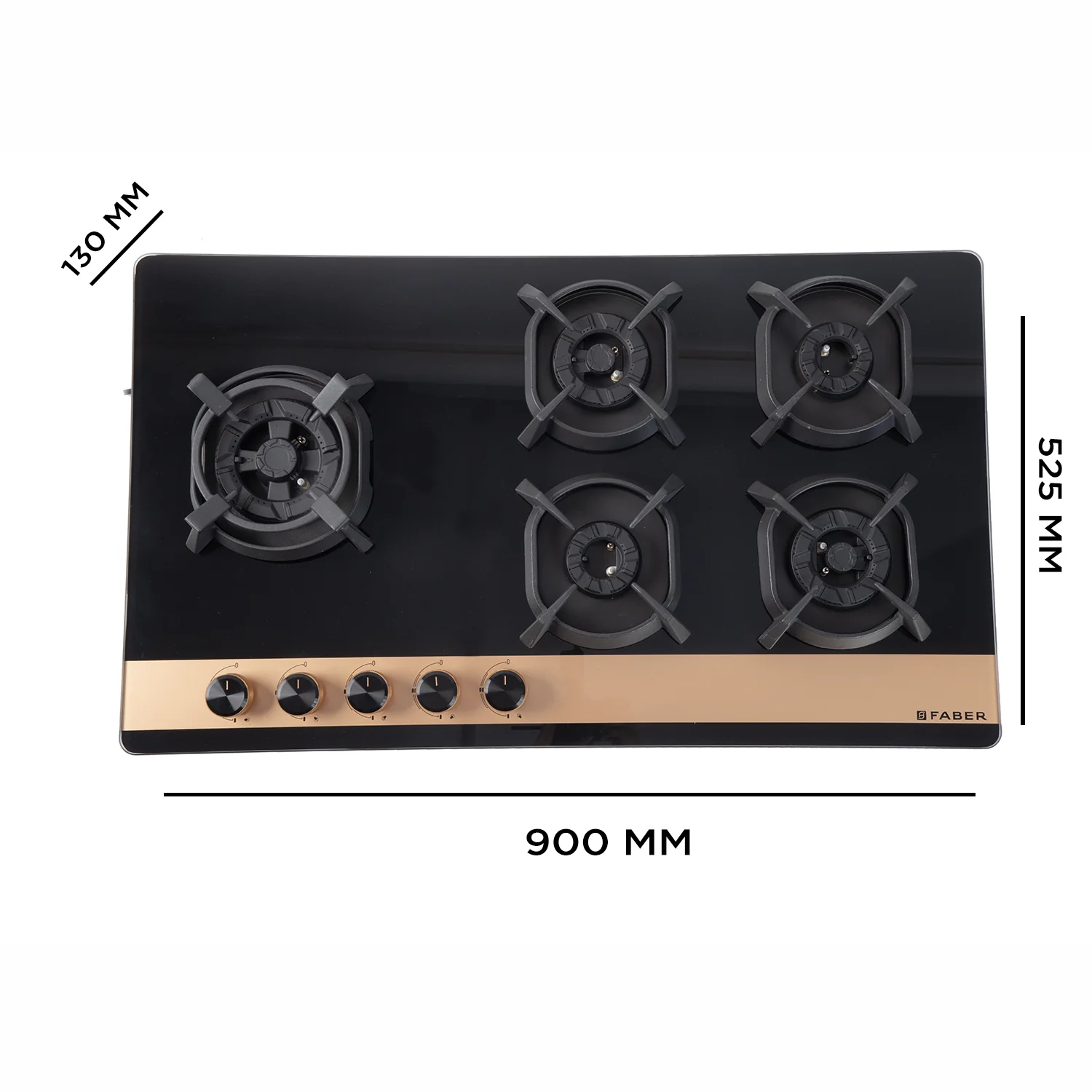 Faber Hob Utopia Pro HT 905 BR CI - 5 Burner, 90cm, Flame Failure Device For Safety, Full Brass Burner, 8mm Black Tempered Glass