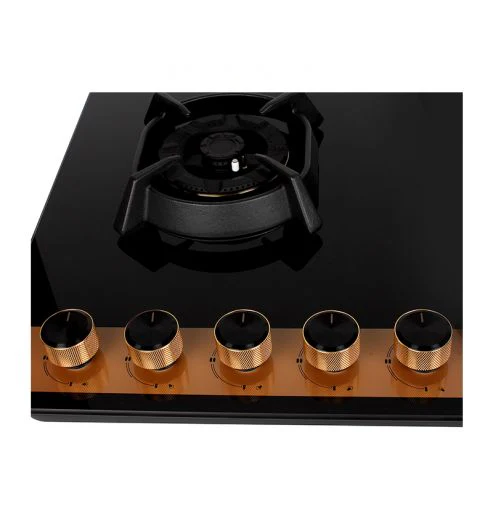 Faber Hob Utopia Pro HT 905 BR CI - 5 Burner, 90cm, Flame Failure Device For Safety, Full Brass Burner, 8mm Black Tempered Glass