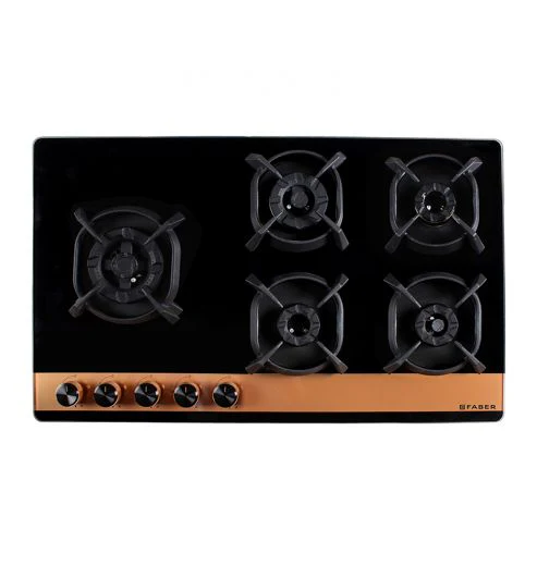 Faber Hob Utopia Pro HT 905 BR CI - 5 Burner, 90cm, Flame Failure Device For Safety, Full Brass Burner, 8mm Black Tempered Glass