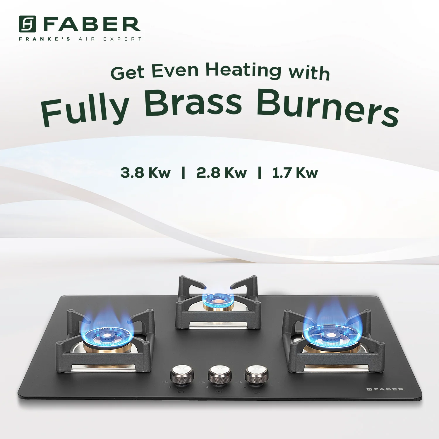 Faber Hob Bella HT 753 BR AI FFD - 3 Burner, 75cm, Built-In Auto Electric Ignition, Flame Failure Device For Safety, Full Brass Burner