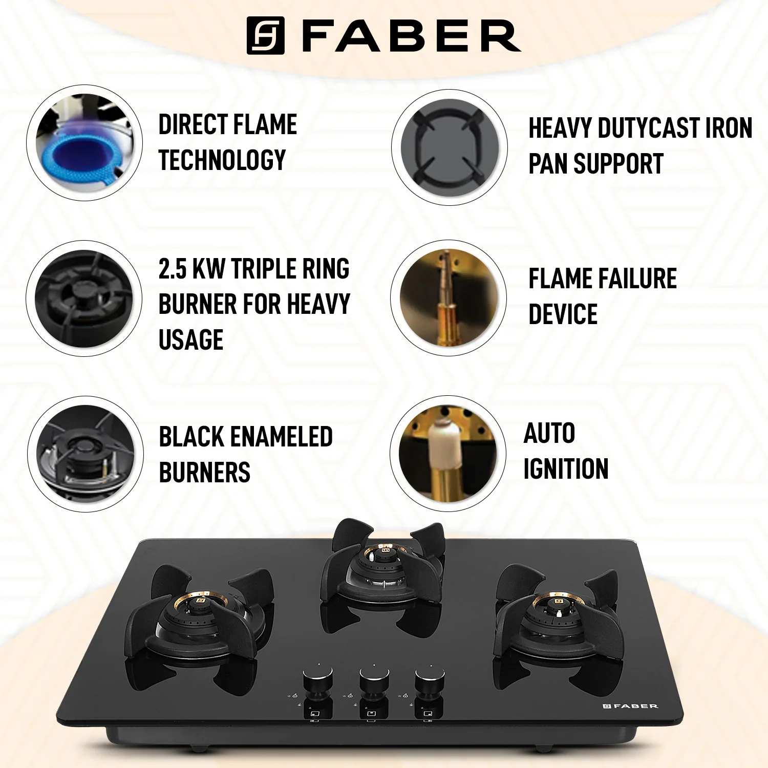 Faber Hob Ultima Plus HT 783 CRS BR CI AI | Top 3 Burner 78cm Toughened Glass, Automatic Electric Hob (Premium Quality Knob, Black)