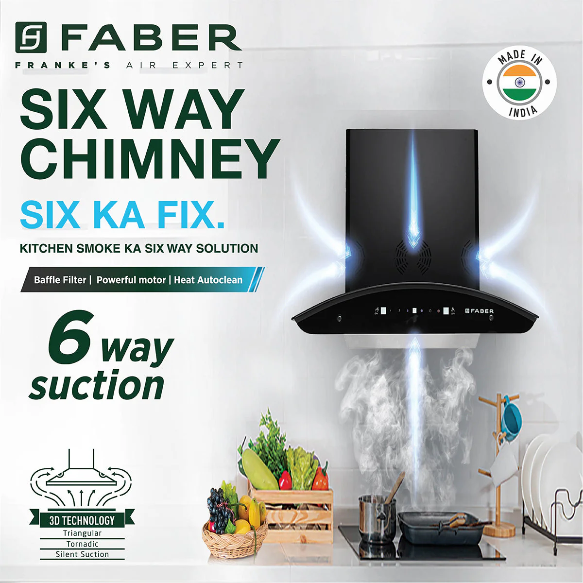 Faber Hood Bonito 3D IN HC SC FL BK 90, 6 Way Silent Suction, Autoclean Chimney, Filterless 90cm