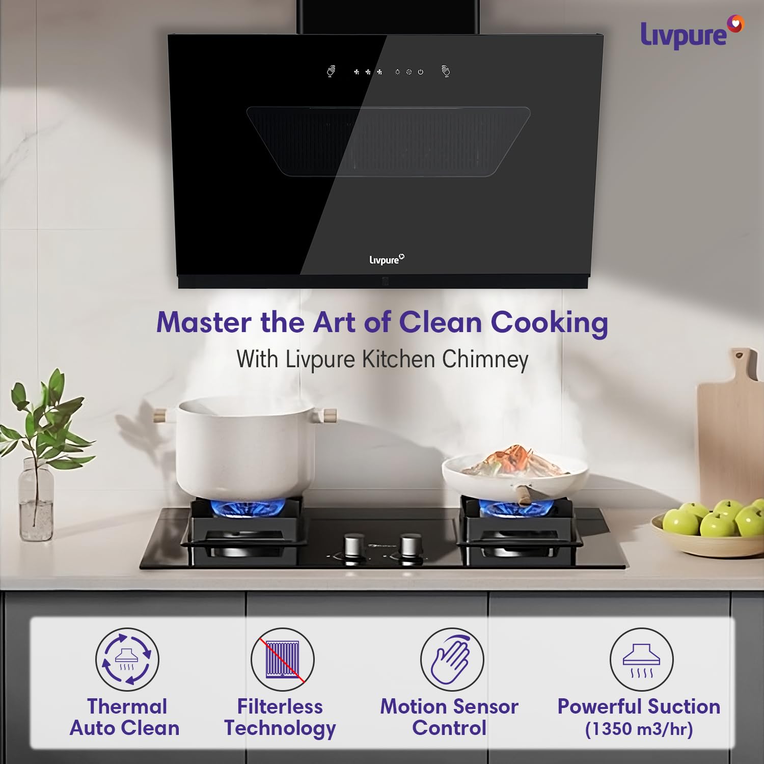 Livpure Drift 90cm | 1350 m3/hr Slant | Filterless Autoclean Kitchen Chimney |Touch & Gesture Control, Black