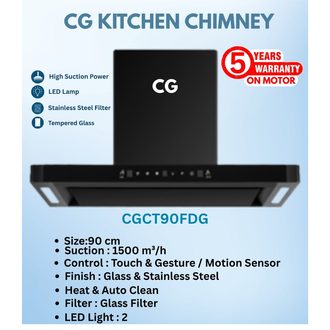 CG Chimney CGCT90FDG, 1500m3/hr, Auto Clean,Gesture Sensor 90cm