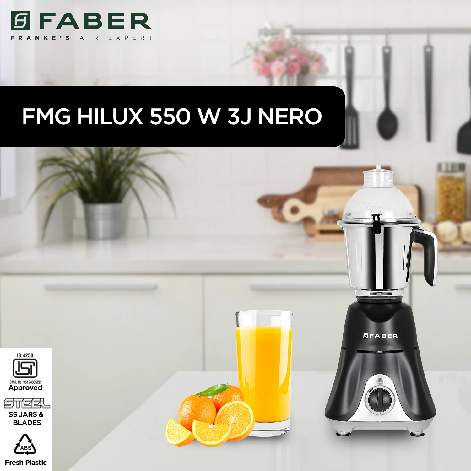 Faber Mixer Grinder FMG HILUX 550 W 3 Jar - Nero