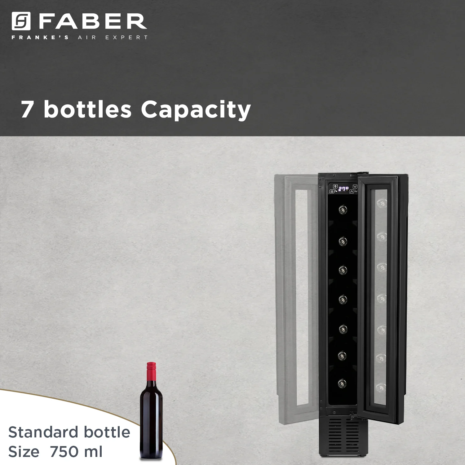 Faber Wine chiller JCF-20, Frost Free system, Tripple Glazed Glass Door, 5 Wooden Door(7 Bottles), Reversible Door