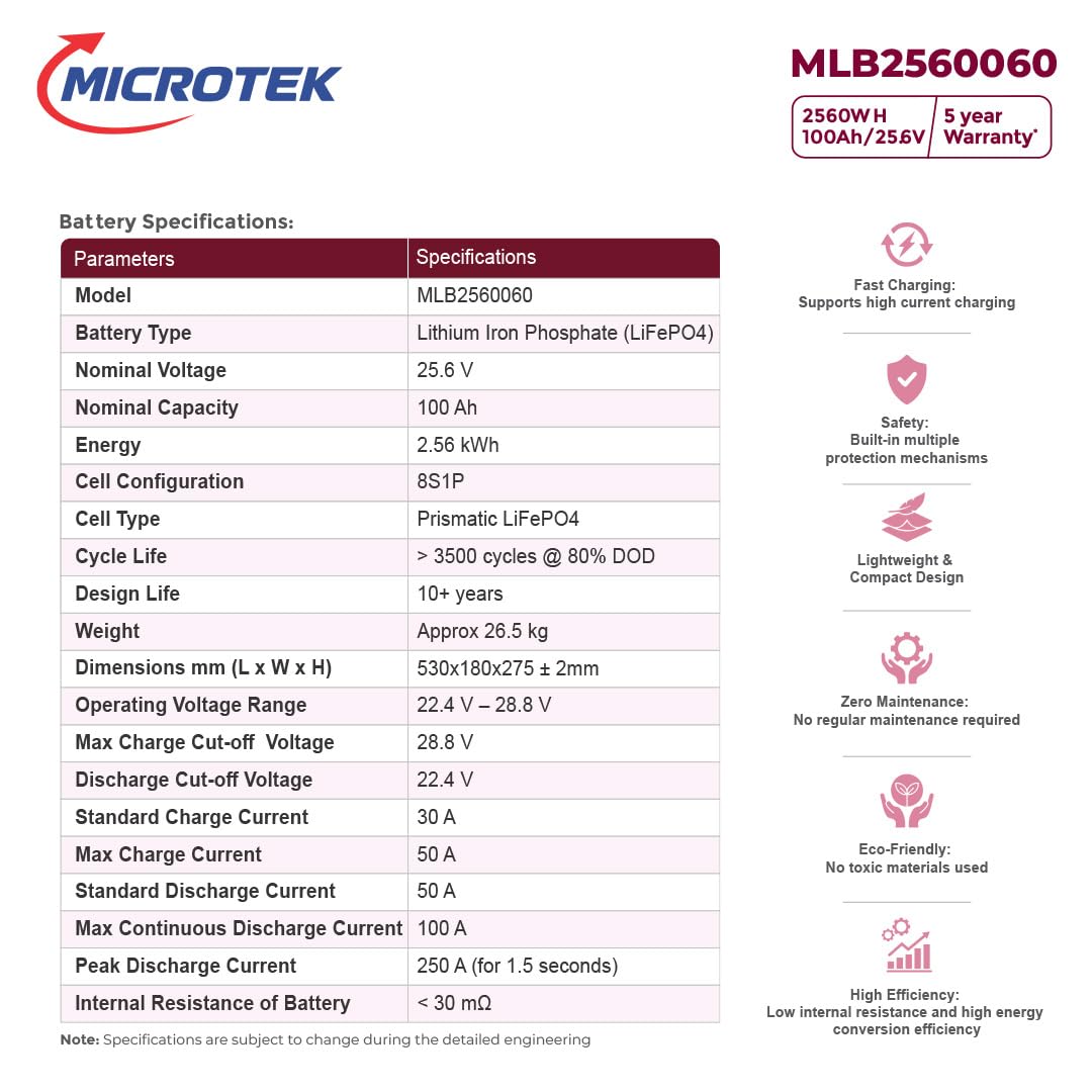 Microtek Lithium Ion Battery MLB2560060 100Ah/25.6V