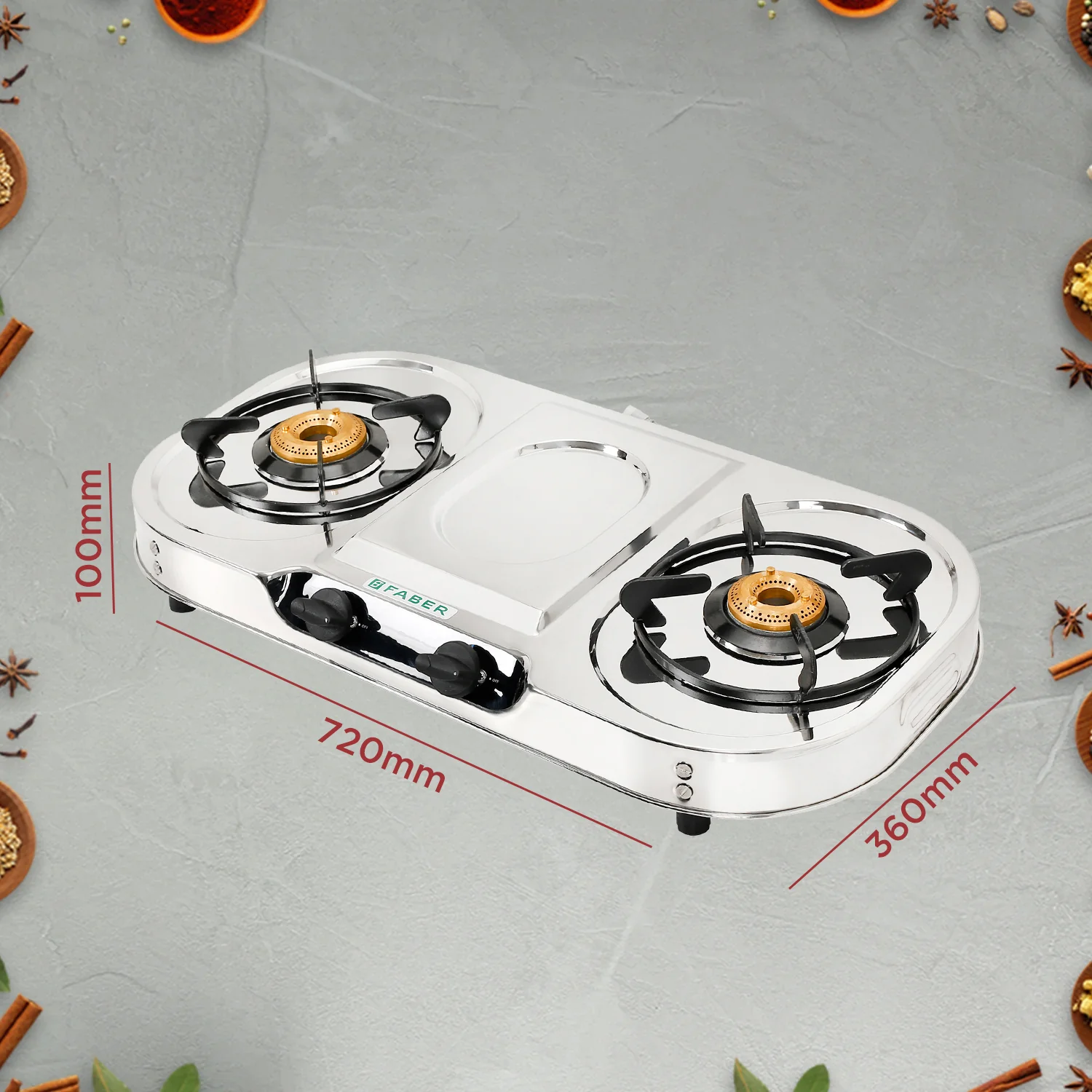 Faber Cooktop CRYSTAL 2BB SS - 2 Brass Burner, Manual Ignition - Stainless Steel Body