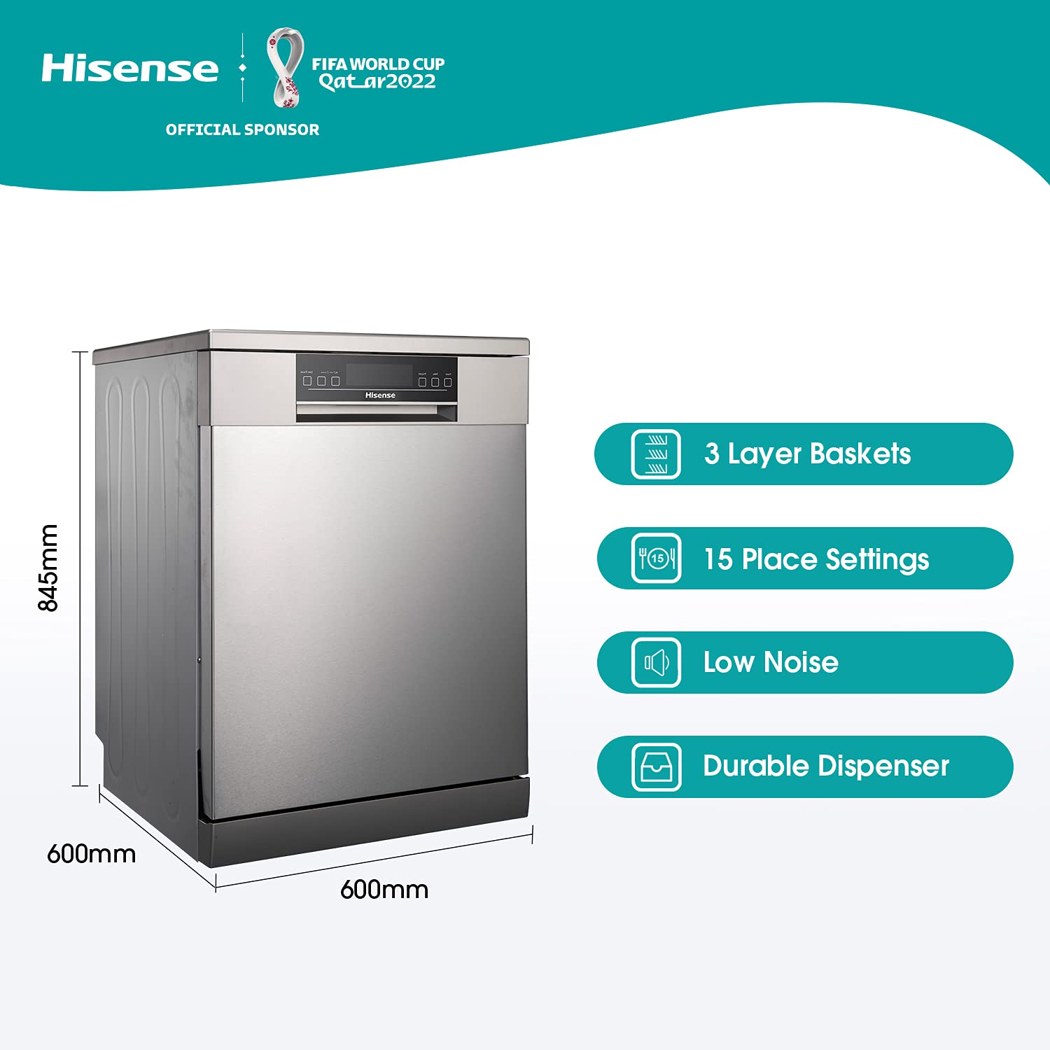 Hisense Dishwasher 15 Place Settings Free Standing Dish Washer With LED Display Control Panel & Duel Zone Wash (Silver) H15DSS